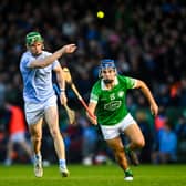 Mike Foley of Na Piarsaigh in action against Pierce Connery of Kilmallock during the Limerick Senior Club Hurling Championship final at the TUS Gaelic Grounds