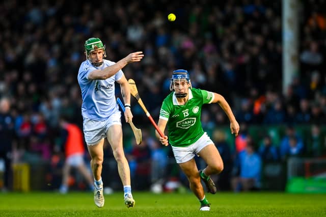 Mike Foley of Na Piarsaigh in action against Pierce Connery of Kilmallock during the Limerick Senior Club Hurling Championship final at the TUS Gaelic Grounds