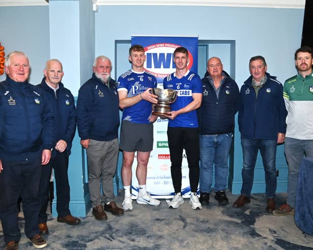 Team captains Tony McCarthy (Kildimo-Pallaskenry) and Diarmuid Buckley (Fr Caseys) with county board officials at the launch of the Irish Wire Products Senior Football Championship final