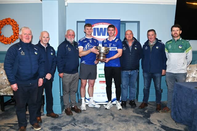 Team captains Tony McCarthy (Kildimo-Pallaskenry) and Diarmuid Buckley (Fr Caseys) with county board officials at the launch of the Irish Wire Products Senior Football Championship final