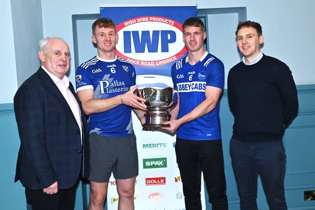 Captains Tony McCarthy (Kildimo-Pallaskenry) and Diarmuid Buckley (Fr Caseys) along with representatives from sponsor Irish Wire Products at the launch of the SFC final