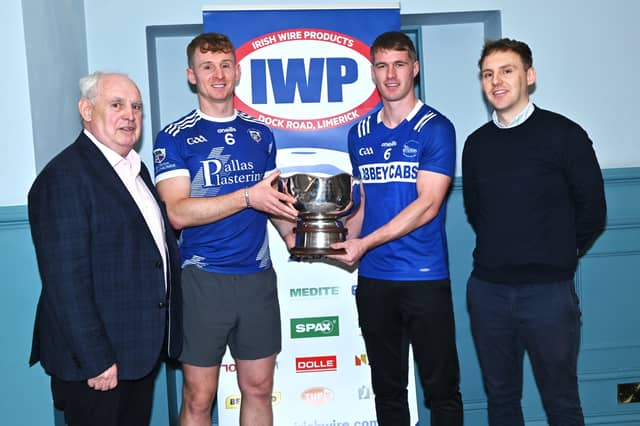 Captains Tony McCarthy (Kildimo-Pallaskenry) and Diarmuid Buckley (Fr Caseys) along with representatives from sponsor Irish Wire Products at the launch of the SFC final