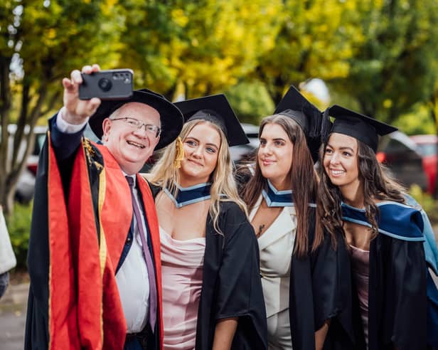 Selfie-time: President of TUS, Prof Vincent Cunnane with Alicia Clyne, Jade Higgins and Andrea Foley, graduates from the Bachelor of Arts (Honours) in Business Studies in Beauty and Spa Management, at Moylish | PICTURE: BRIAN ARTHUR