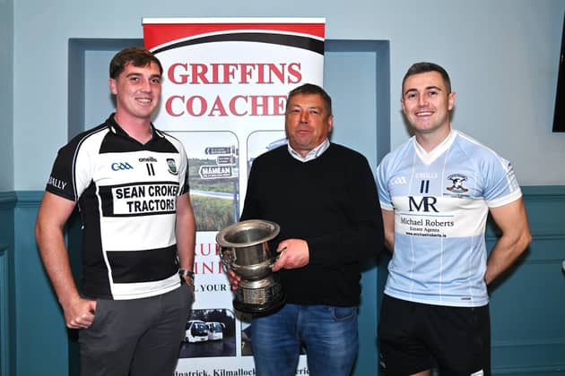 Galbally’s Eoin O’Mahony and Dylan Cronin of Na Piarsaigh along with sponsor Kevin Griffin at the launch of the Limerick club football finals
