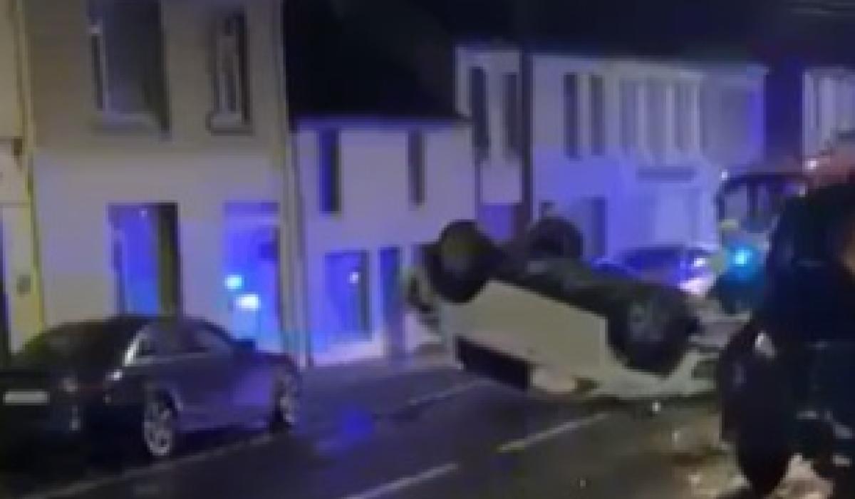 Car overturns during multiple-vehicle collision in middle of Limerick town