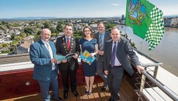 Flying the flag for Limerick: New mayor Cllr James Collins launching the report by EY-DKM with Pat Daly, Ciara Morley, Neil Gibson and Michel Lemagnen