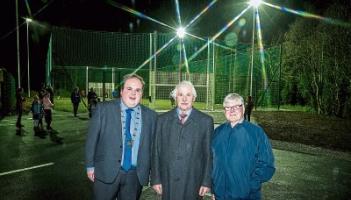 Let there be light: Cllr Adam Teskey, Leo Walsh, local election candidate, and Noel Godfrey with Ballyneety’s astroturf pitch behind them