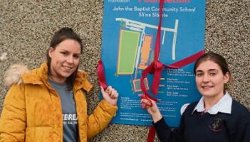 GAA stars Orlaith O Donoghue and Katie Heelan cut the ribbon on the school’s new Sli na Slainte route Picture: Michael Cowhey