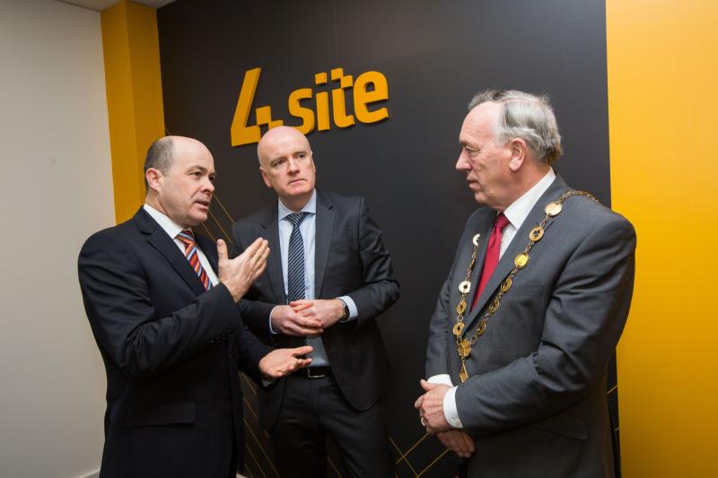 New jobs at 4site: Minister for Communications Denis Naughten with Ian Duggan, CEO of 4site and Mayor Cllr Stephen Keary Picture: Sean Curtin/True Media