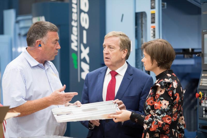 Gerry Reynolds of Takumi Precision Engineering in Limerick with Minister Pat Breen and Orlaith Borthwick, Mid-West Action Plan for Jobs, at the plant Picture: Sean Curtin/True Media