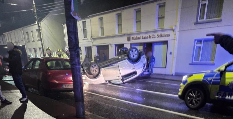 Car overturns during multiple-vehicle collision in middle of Limerick town
