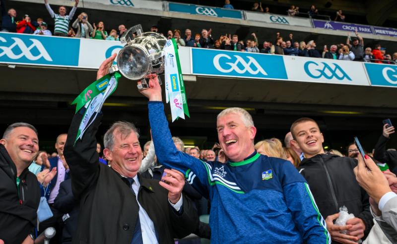 JP McManus, Joe McKenna and John Kiely in high spirits on steps of Hogan Stand following Limerick victory