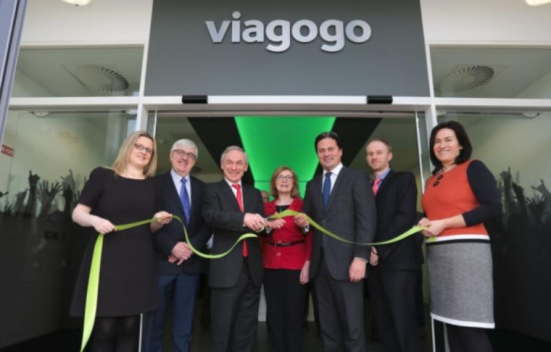 Ribbon cutting: opening the new viagogo operations plant were Ciara Palache, Barry O'Dowd, Ministers Richard Bruton and Jan O'Sullivan, Oliver Wheeler, Edward Parkinson and Geraldine Black. Picture: P