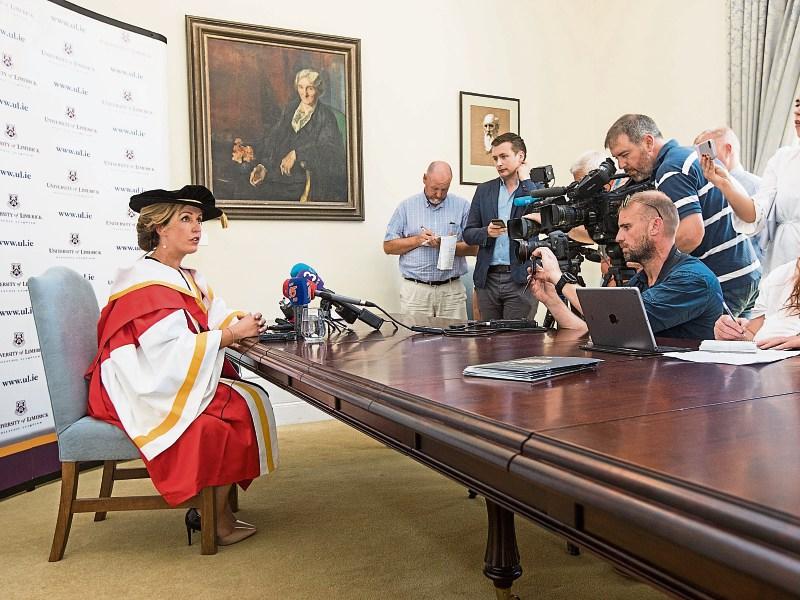 Dr Vicky Phelan speaks to journalists in the Daly Room at Plassey House Picture: Sean Curtin