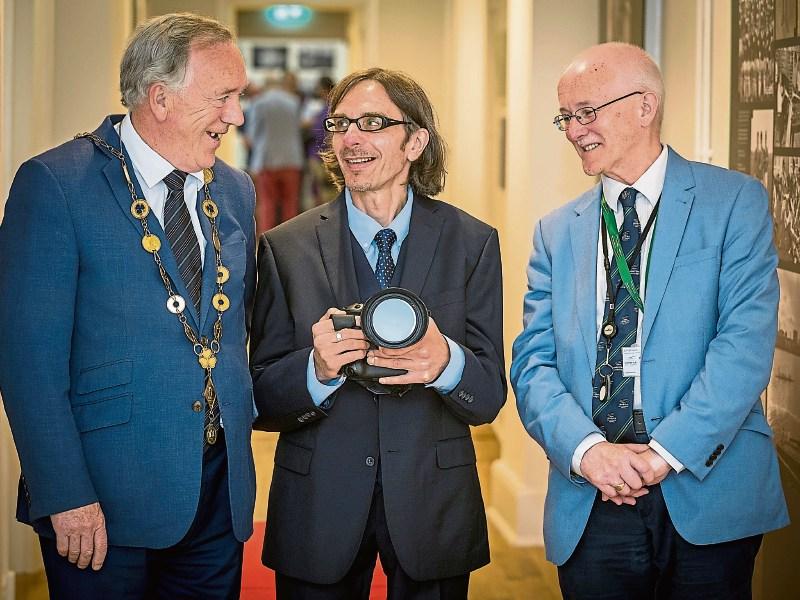 Pictured at the launch of the castles and towers exhibition were former Mayor Stephen Keary, historian Joseph Lennon and Dr Matthew Potter, Limerick Museum Picture: Keith Wiseman