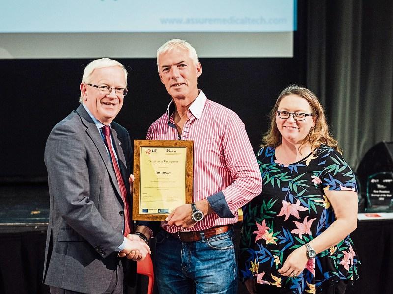 Innovator: Iain Gilmore, who founded Lynk Mechanic receives an award from Dr Vincent Cunnane, LIT president, and Mary Casey at the LIT New Frontiers Startup Awards