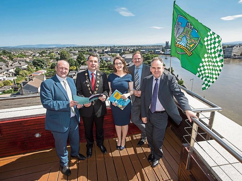 Flying the flag for Limerick: New mayor Cllr James Collins launching the report by EY-DKM with Pat Daly, Ciara Morley, Neil Gibson and Michel Lemagnen