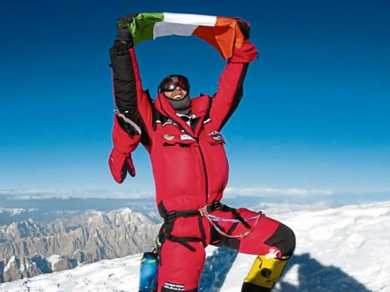 Ger McDonnell on K2 and below, Ger&rsquo;s mother Gertie and brother JJ, with Marcus Horan at the launch of the Ger McDonnell Memorial Cycle