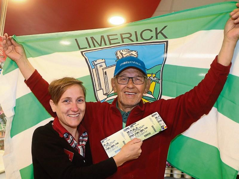 Catriona Kelly of SuperValu Kilmallock pictured with Jimmy Cronin, Millmount, Kilmallock who was thrilled to get his hands on a pair of Hogan Stand tickets Picture: Michael Cowhey