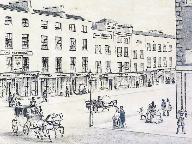 A sketch of Limerick city in the mid-nineteenth century showing Wallace's Observatory and clock on his building