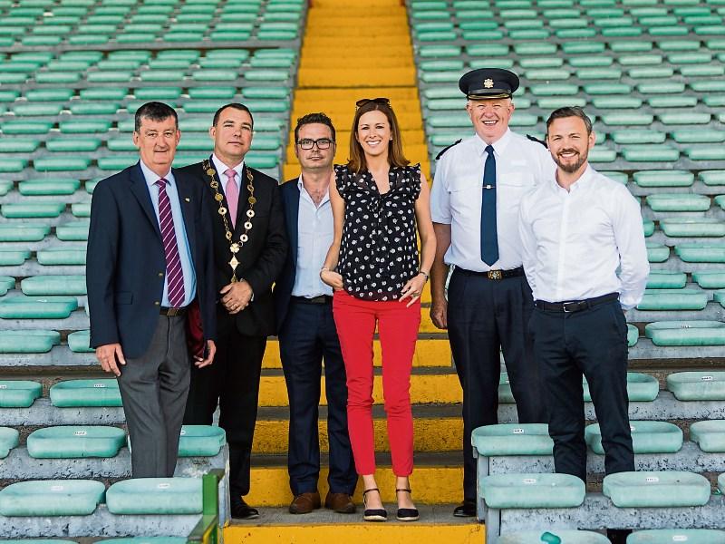 John Cregan, Limerick GAA, Mayor James Collins, Paul Boland, CWB, Laura Ryan, council, Supt Gerry Roche and Andy Lee at the launch of the Symphony concert at the Gaelic Grounds