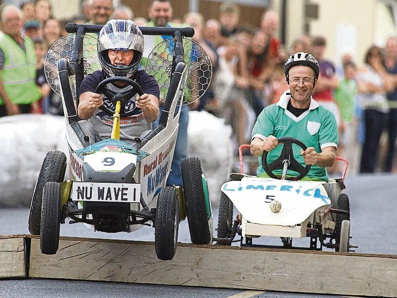 Head to head: James Lyons, Martinstown, and Noel O’Dea, Kilteely, battling it out at the Kilteely-Dromkeen soapbox derby on Sunday Picture: Dave Gaynor
