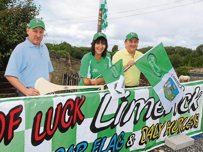 Padraig and PJ Daly with Catherine Fitzgerald supporting the Limerick hurlers with official flags Picture: Michael Cowhey