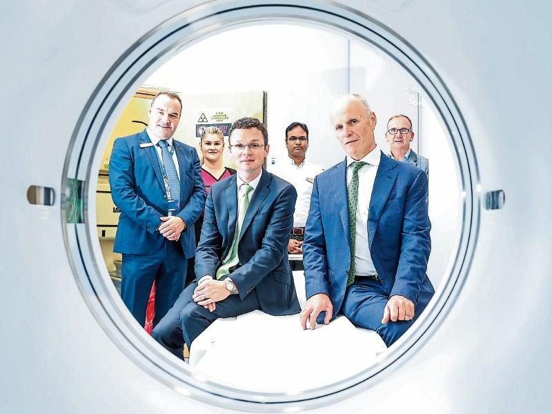 Jason Kenny, Eliane Rodrigues, Nagella Sekhar, Dr Fintan Wallis, Minister Patrick O’Donovan and Malcolm Banks launching the Diagnostic Imaging Picture: Keith Wiseman