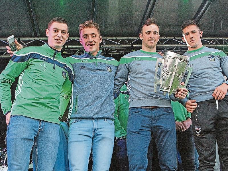 Home are the Limerick hurling heroes: Doon GAA Club’s Barry Murphy, Pat Ryan ‘Simon’, Richie English and Darragh O’Donovan with the Liam MacCarthy Cup Picture: Dave Gaynor