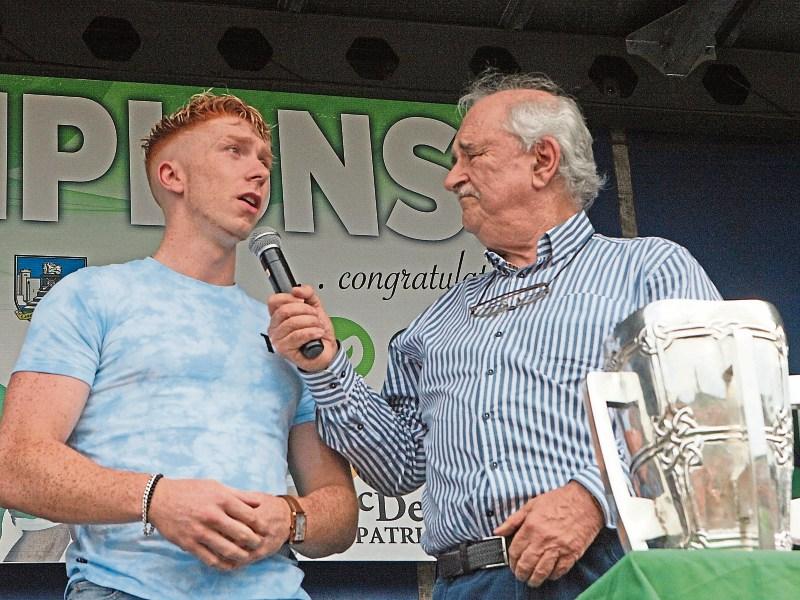 Cian Lynch is interviewed by MC Matt O’Callaghan at the Patrickswell homecoming