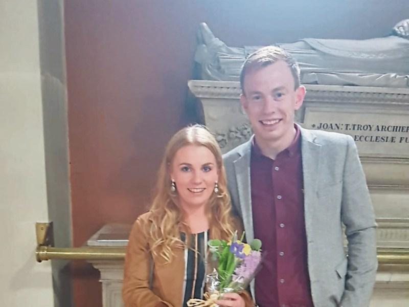 Joe Shanahan and his fiancée Róisín Buckley holding the pope’s flowers