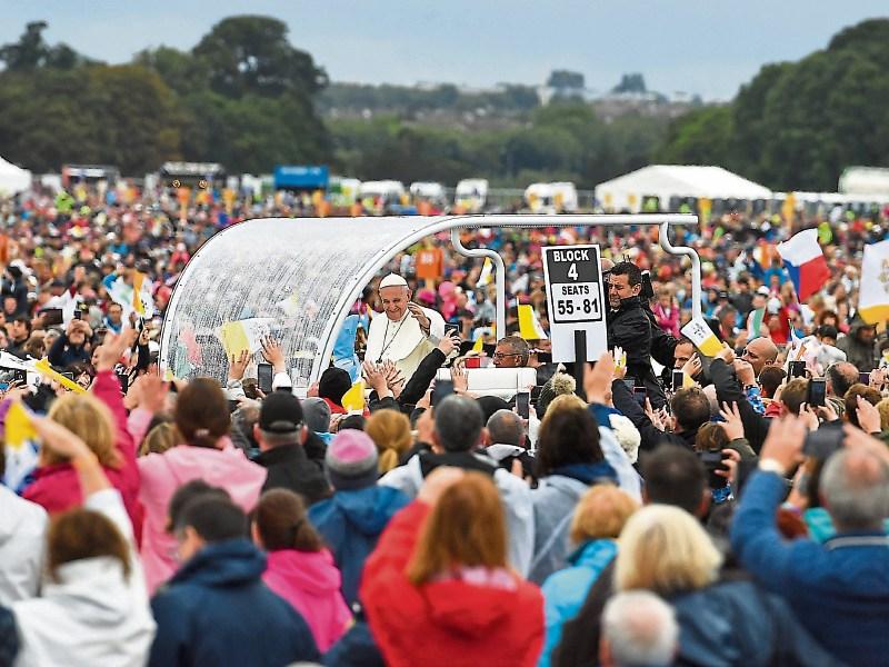 Pope Francis arrives prior to the commencement of the closing Mass of his Ireland visit at the Phoenix Park  Picture: Brendan Moran/Sportsfile