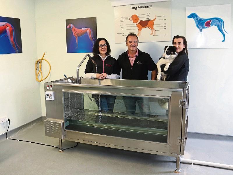Paul Hogan pictured at his Canine Hydrotherapy Centre with Melodie Kendrick and Niamh Hogan