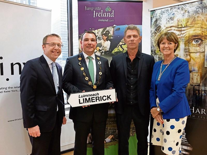 Irish Consul General Ciaran Madden, Mayor James Collins, Jamie Harris and Alison Metcalfe, Tourism Ireland at the launch of the new Global Irish Festival Series in New York