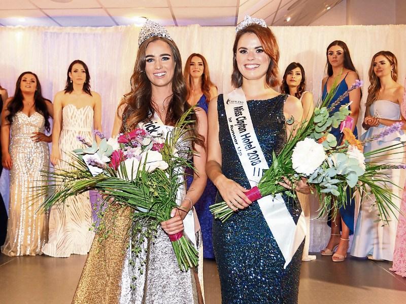 Beibhinn Haren, Clarina, and Laura Mansbridge, Dooradoyle, at Miss Limerick. Both will compete at Miss Ireland, below Edwin Fitzgibbon