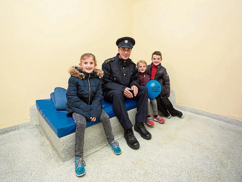 Bunking down for a night in a cell were Aine, Fiona and Kevin Walsh who visited Henry Street Garda Station with Reserve Garda Declan Prenderville