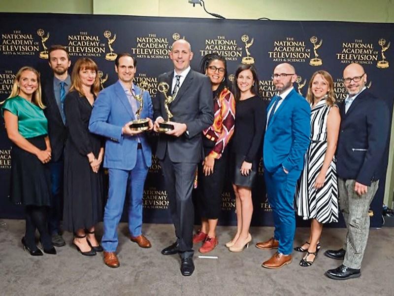 Malachy Browne, centre, with members of his team at the Emmy awards