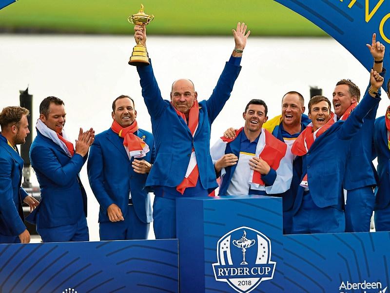 Thomas Bjorn holds the Ryder Cup aloft after victory in Paris last Sunday. He is in Adare Manor this Friday Picture: Sportsfile