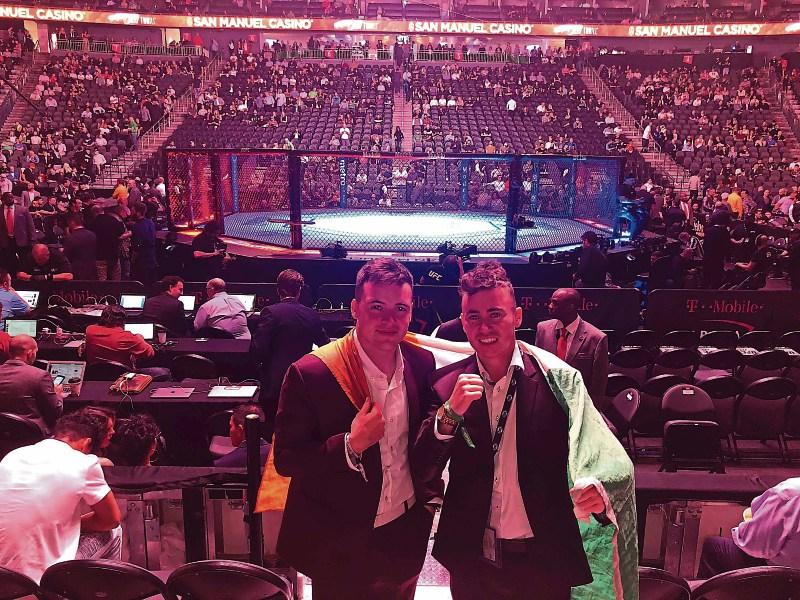 Sean Hehir and Brian Grace inside the fight after blagging their way into the Conor McGregor fight. Below, the group of mates in Las Vegas