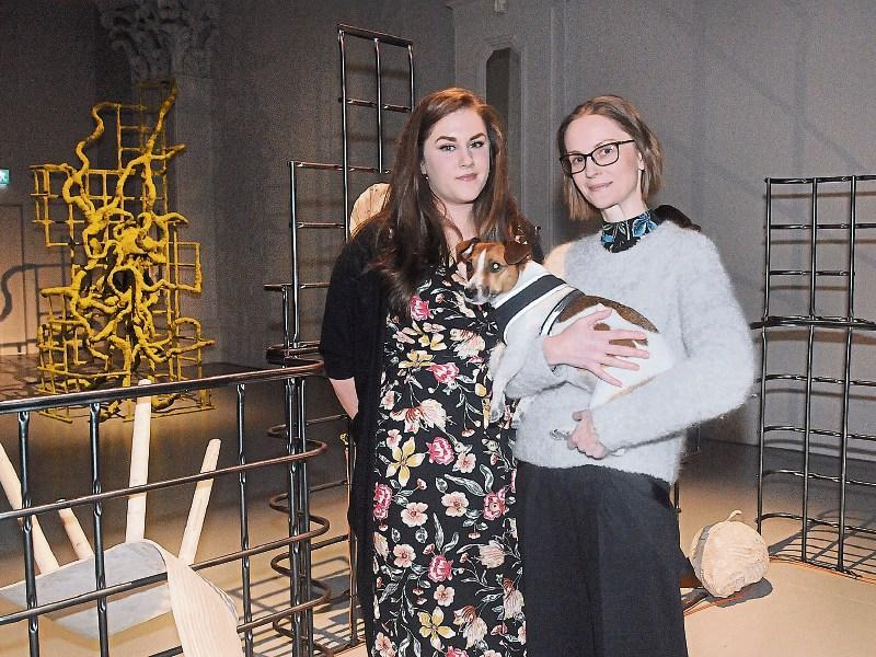 Opening Jens Ardal’s and Morten Kromann’s Agora exhibit, last week, Ormston House co-directors Niamh Brown and Mary Conlon, with resident pooch Nelly Picture: Gareth Williams