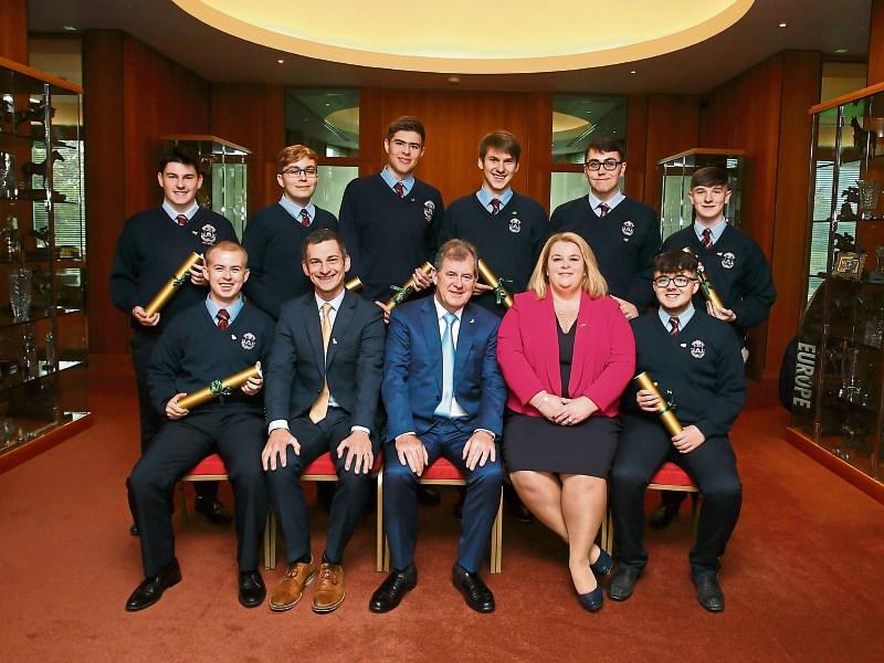 The 2018 JP McManus Scholarship recipents with JP McManus, Denis O’Connor (principal, CBS Sexton Street) and Elaine Minogue (deputy principal)