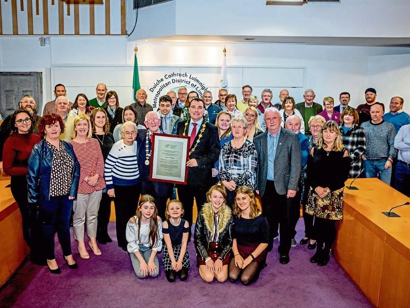 Pa Phelan, pictured with Mayor James Collins and his many bandmates, friends and family at his reception in City Hall 