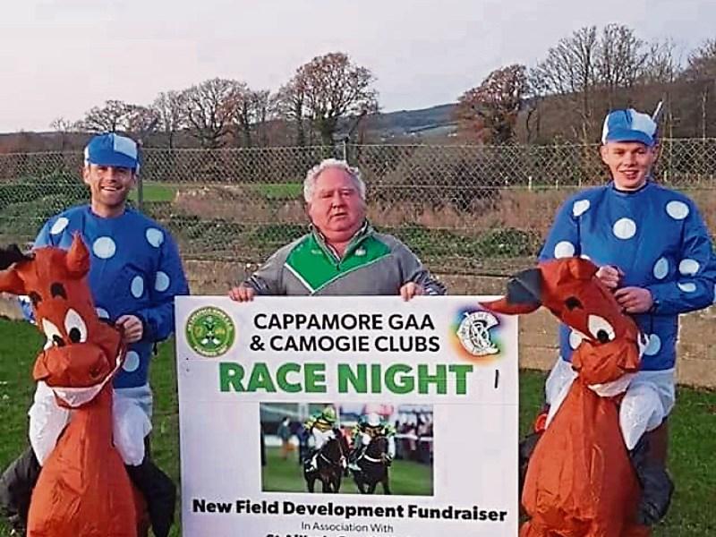 Jockeys Ger Coleman and Jack Walsh train their horses for Saturday night with Cappamore GAA chairman Ger Lonergan