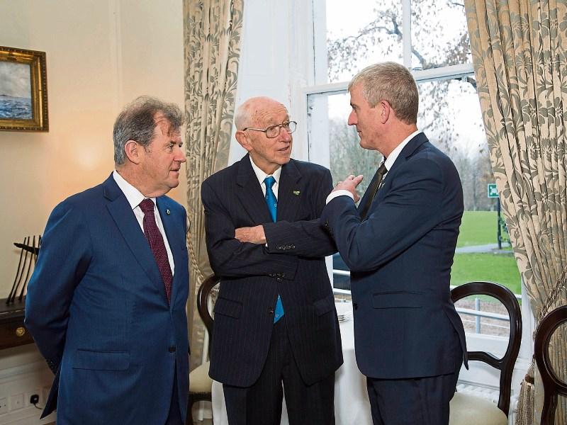 John Kiely, right, with JP McManus and Roger Downer ahead of the All Ireland Scholarships awards ceremony Picture: Alan Place