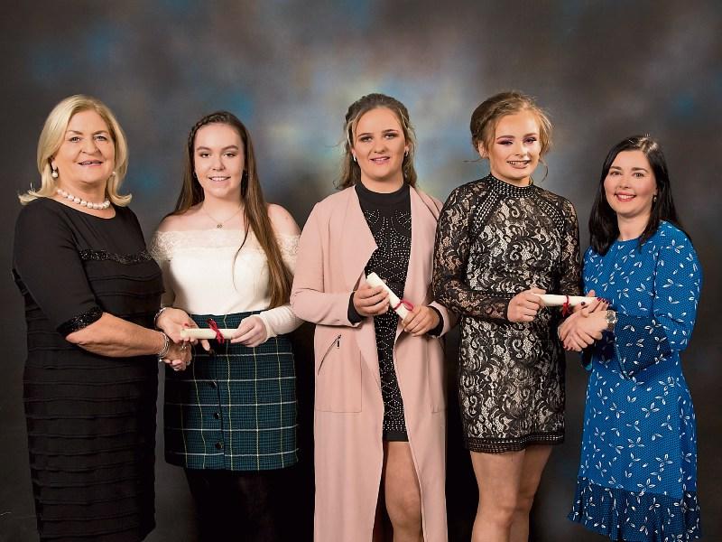 Noreen McManus with school Principal, Sinéad Moloney and students Claire Mullaney, Amanda Dawson and Hayleigh Kiely from Colaiste Nano Nagle