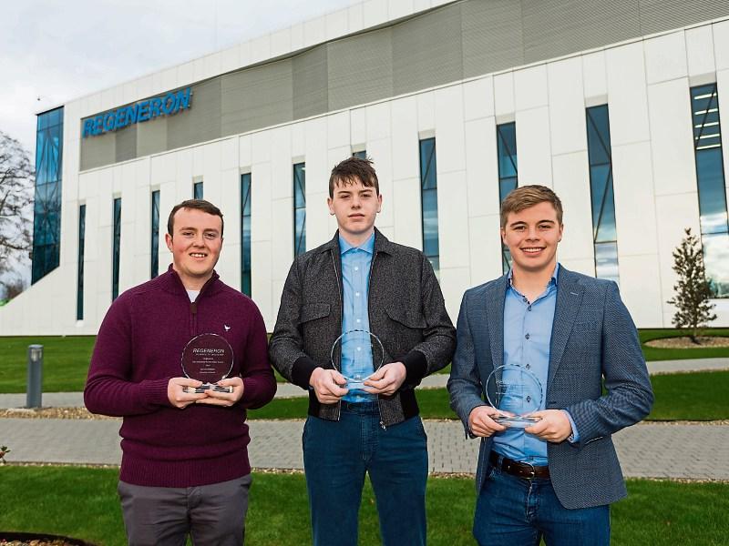 Receiving their awards from Regeneron are Lee O'Connor, Old Cork Road, Aaron Cummins, Templemore, and Conor O'Regan, Kilmallock