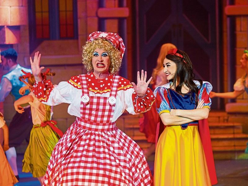 Limerick actor Myles Breen as Dame Noni and Hayley Jo-Murphy as Snow White in the UCH panto Picture: Oisin McHugh/True Media