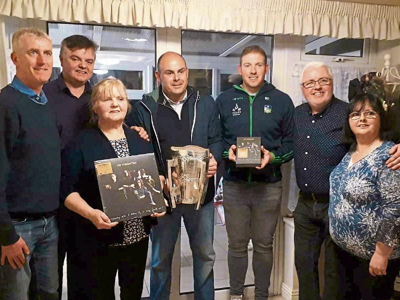 John Kiely, Mike O’Riordan and Shane Dowling with members of the O’Riordan family, her mother Eileen, brother PJ and sister Angela