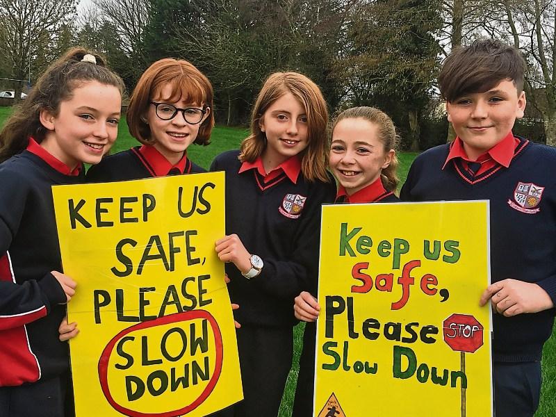 Sarah Prendergast, Freya Mannix, Julianna-Mae Ward, Keelin Power and Ian O'Dea with two of the signs