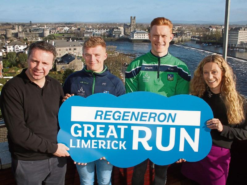 Limerick hurlers Peter Casey and William O'Donoghue, centre, with race director John Cleary and Emer O'Mahony, Regeneron at the launch Picture: Adrian Butler